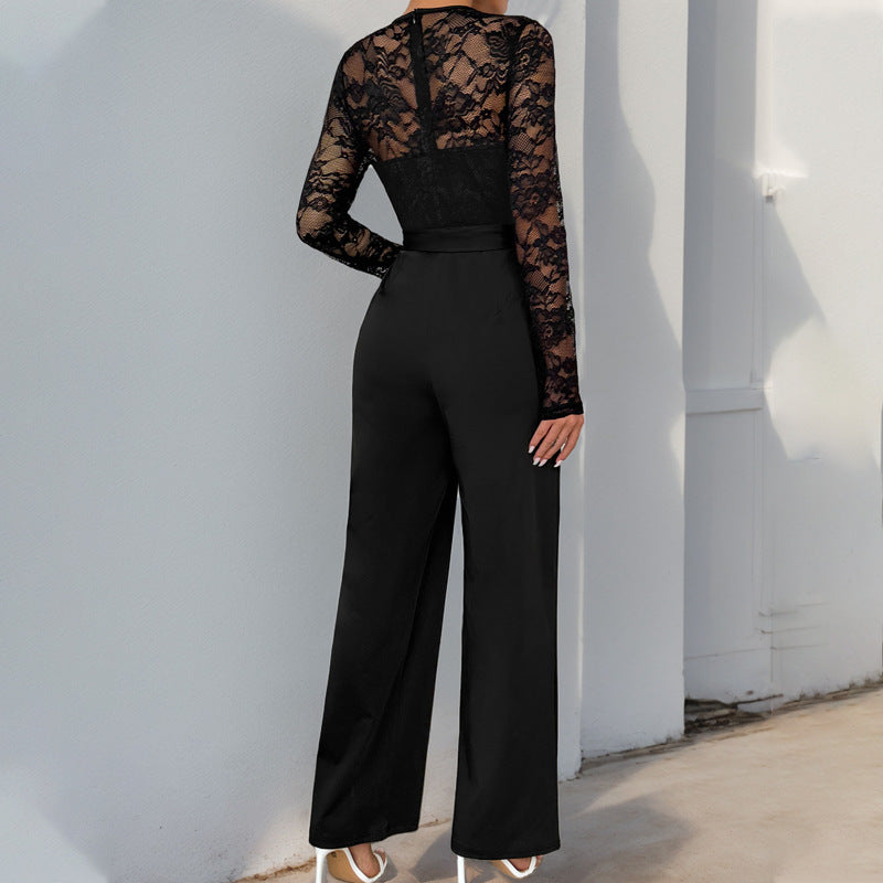 Women Elegant and Versatile Jumpsuit with Lace Top Mune Fashion