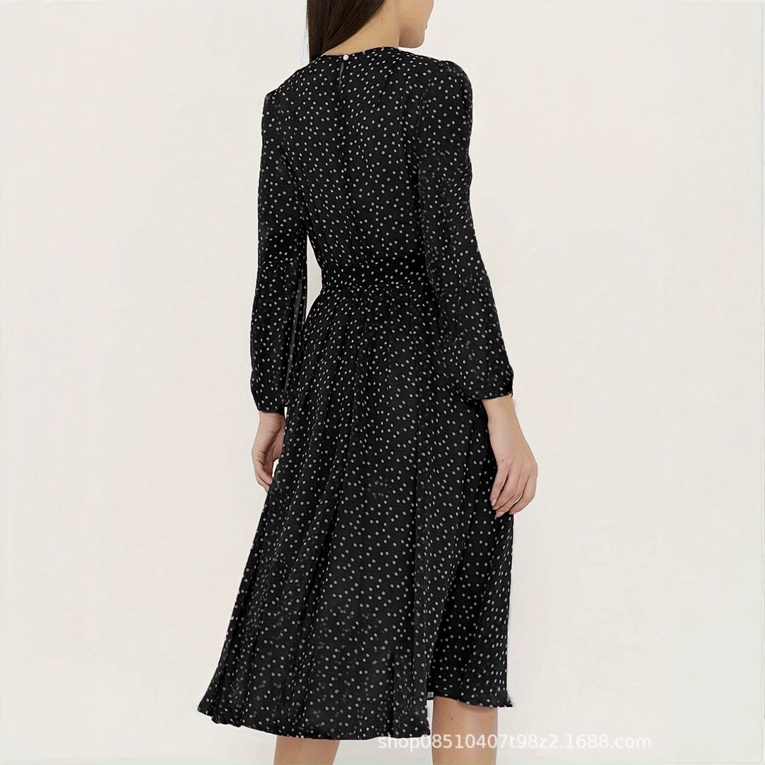 Ladies midi dress with dots, fitted tie belt and flounce skirt Drune