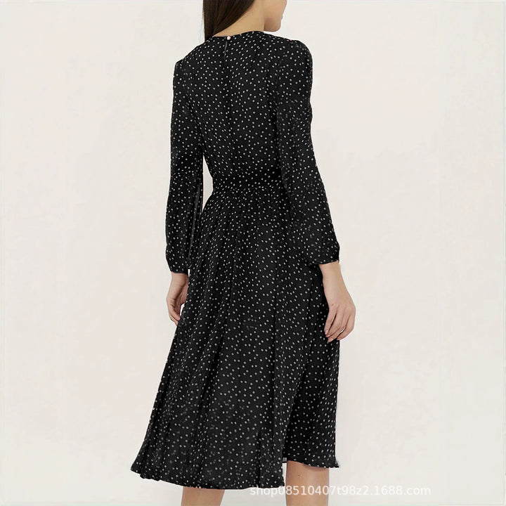 Ladies midi dress with dots, fitted tie belt and flounce skirt Drune
