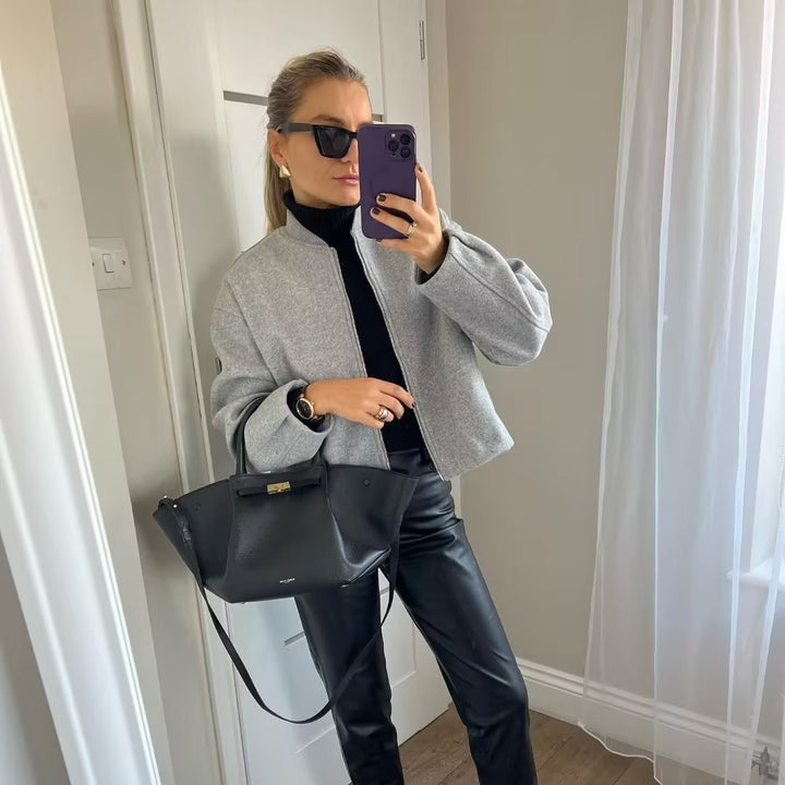Women's short-cut minimalist bomber jacket with concealed two-way zipper and side pockets Mune Fashion