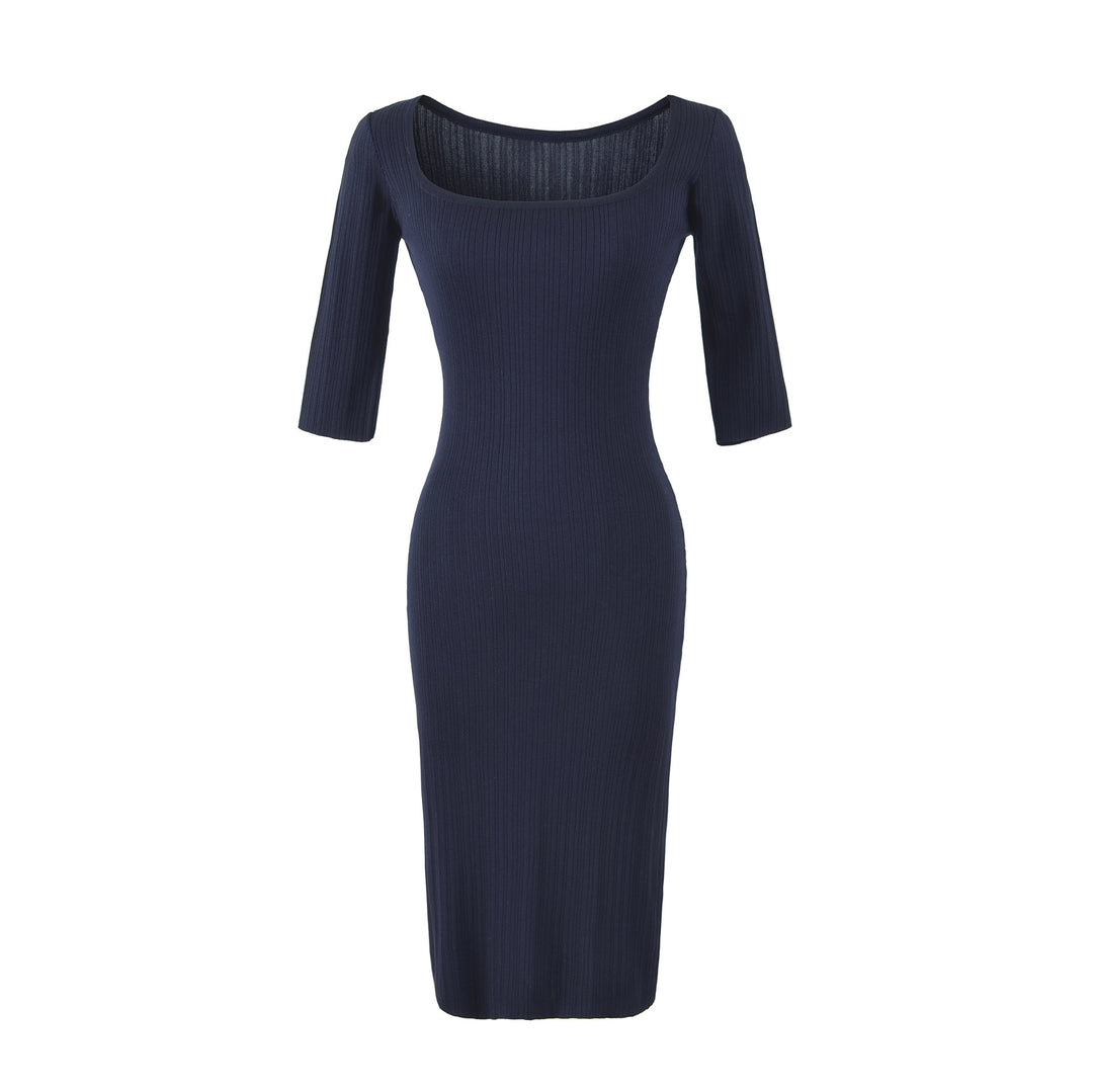 Women's Ribbed Midi Dress with Square Neckline and Three-Quarter Sleeves Mune Fashion