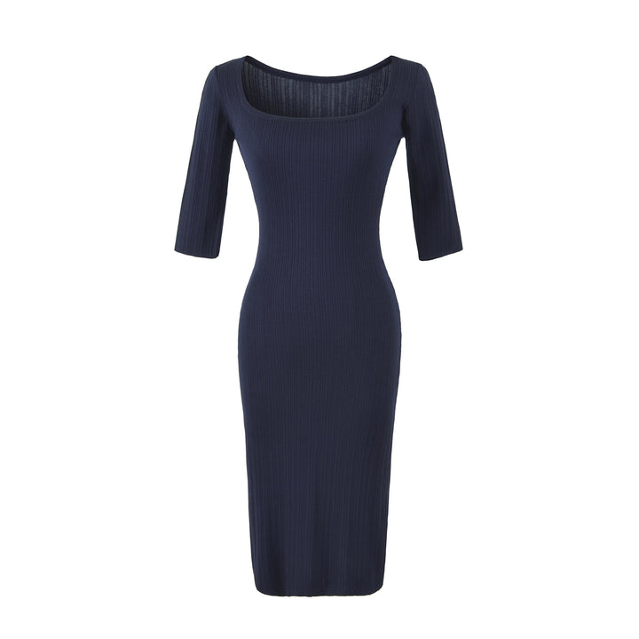 Women's Ribbed Midi Dress with Square Neckline and Three-Quarter Sleeves Mune Fashion