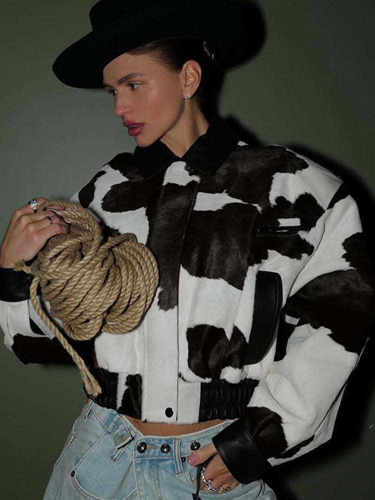 Women Short Cut Boxy Faux Fur Jacket in Cow Spot Pattern Mune Fashion