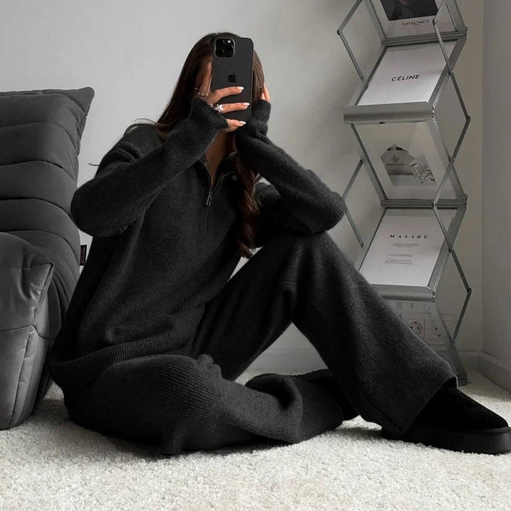 Women's knitted lounge set with half-zip pullover and high-cut leggings Mune Fashion