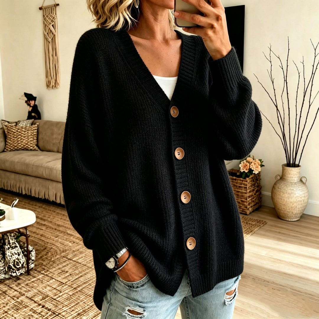 Women's Loose Longline Cardigan with Deep V-Neck and Wooden Buttons Mune Fashion