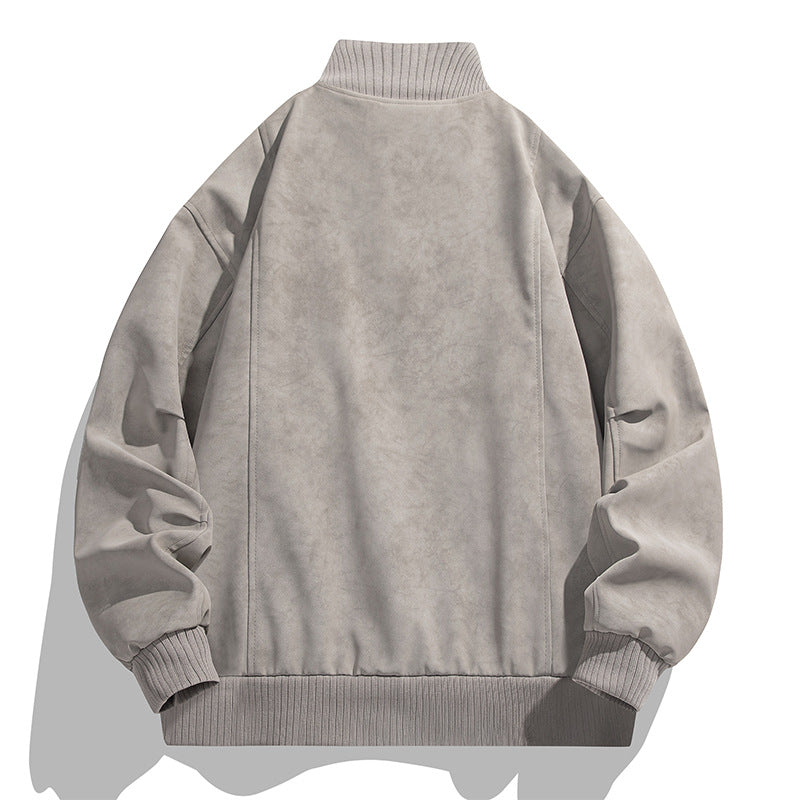Men's Oversized Suede Look Bomber Jacket with Stand-Up Collar and Ribbed Cuffs Mune Fashion