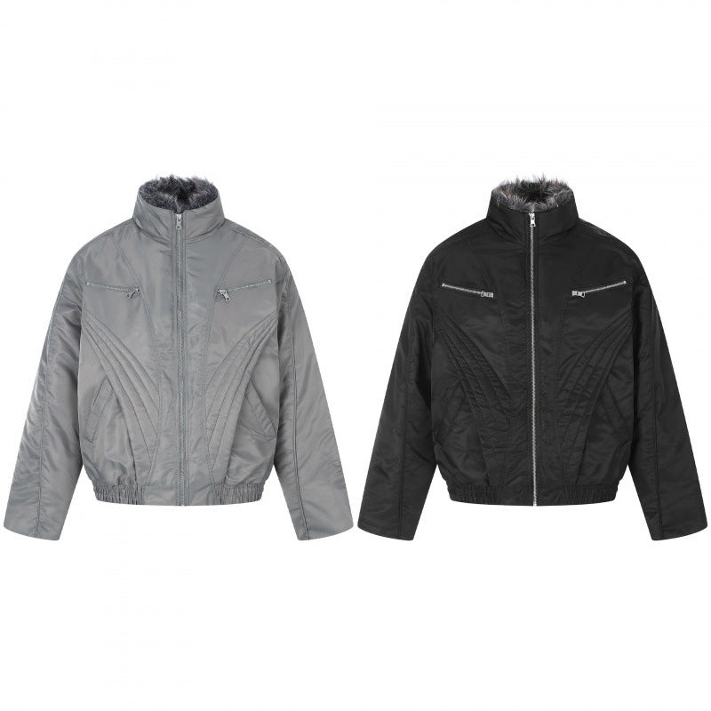 Men's short jacket in retro puffer style with high-closing faux fur collar and decorative wave quilting Mune Fashion