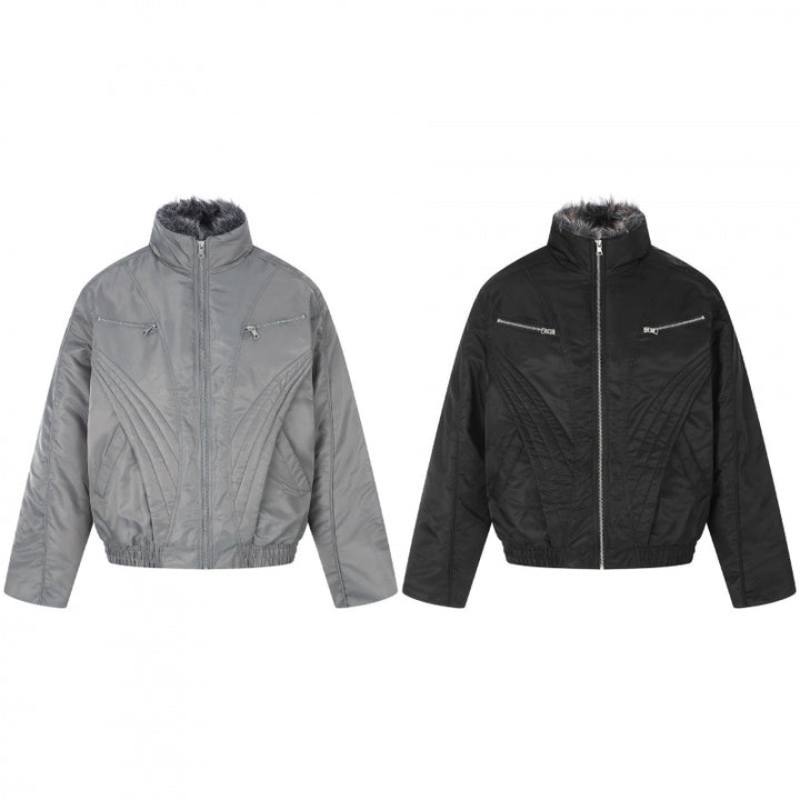 Men's short jacket in retro puffer style with high-closing faux fur collar and decorative wave quilting Mune Fashion