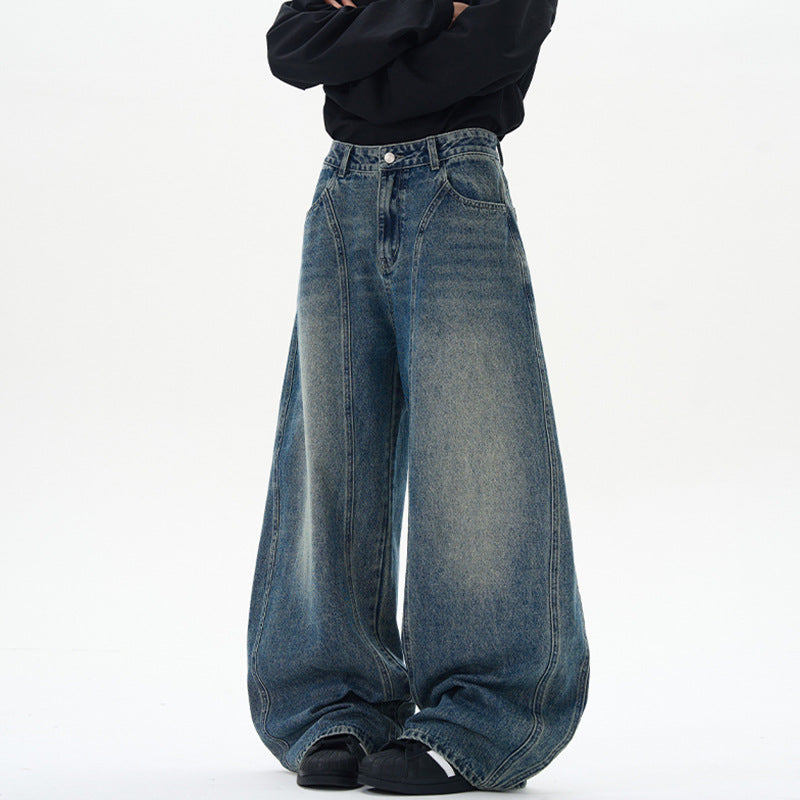 Women's ultra-wide high-cut jeans palazzo pants made of vintage denim with a low crotch and sculptural seam design Mune Fashion