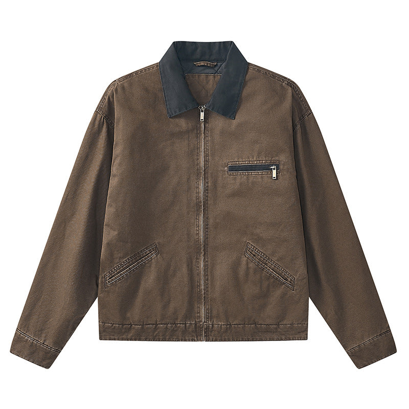 Men's  vintage-inspired zip-front workwear jacket with contrast collar and angled welt pockets Mune Fashion