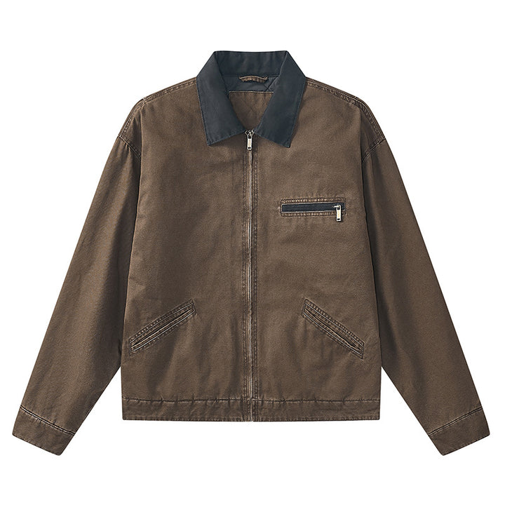 Men's  vintage-inspired zip-front workwear jacket with contrast collar and angled welt pockets Mune Fashion