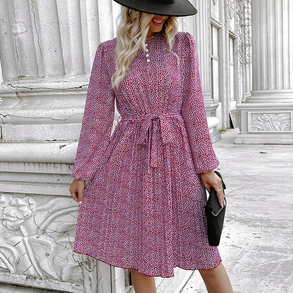 Women's midi dress with waistband, loose tiered skirt and long balloon sleeves Mune Fashion