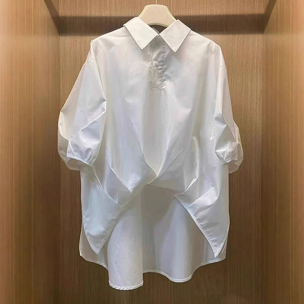 Women's Oversized Blouse with Dramatic Draped Back and Puff Sleeves Mune Fashion