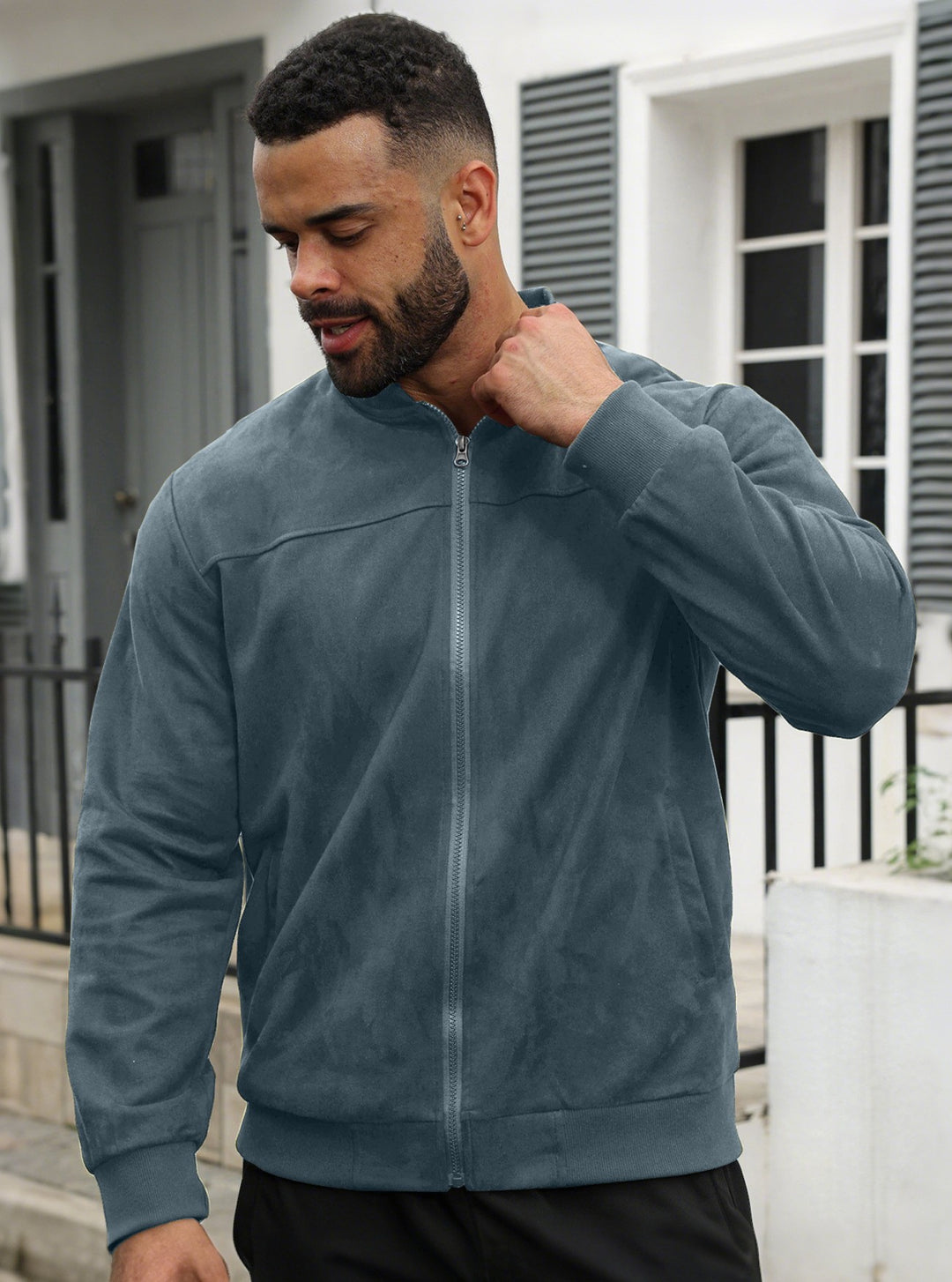 Men's subtle velour bomber jacket with stand-up collar, full zip and ribbed cuffs Mune Fashion