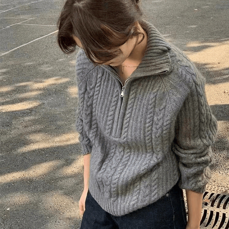 Ladies cable knit polo collar sweater with half zipper and soft mohair look Mune Fashion