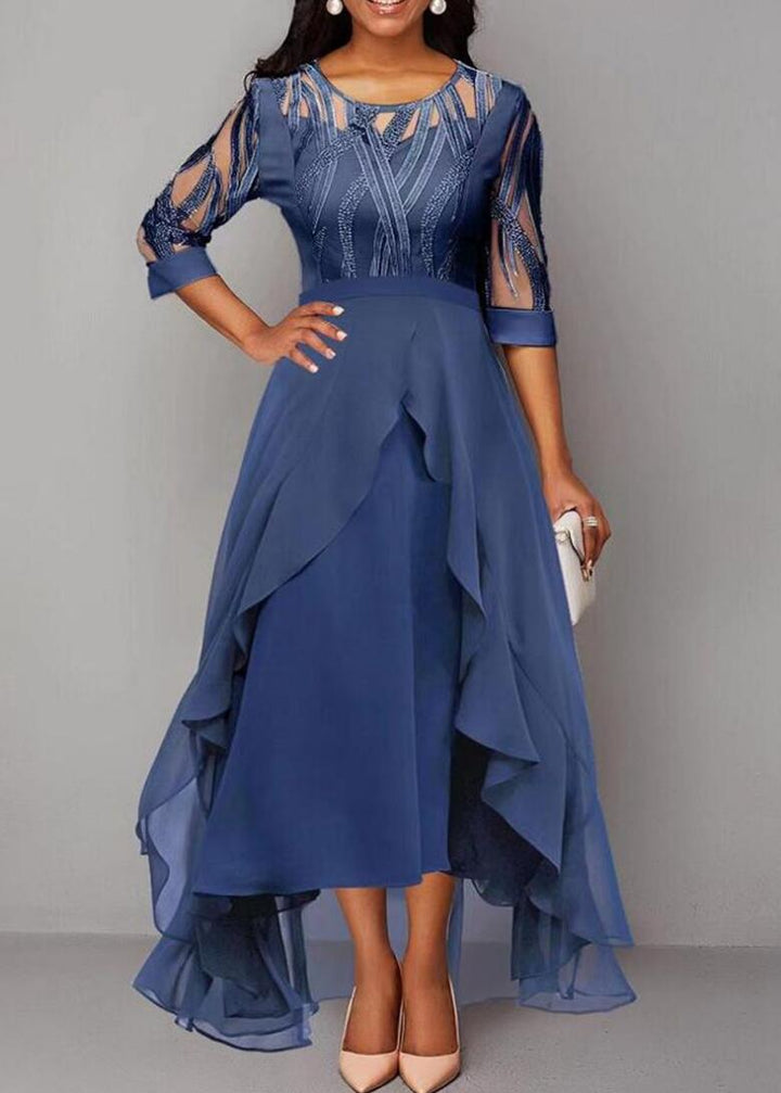 Women's elegant chiffon evening dress with embroidered tulle bodice, three-quarter sleeves, and asymmetric tiered hem Mune Fashion