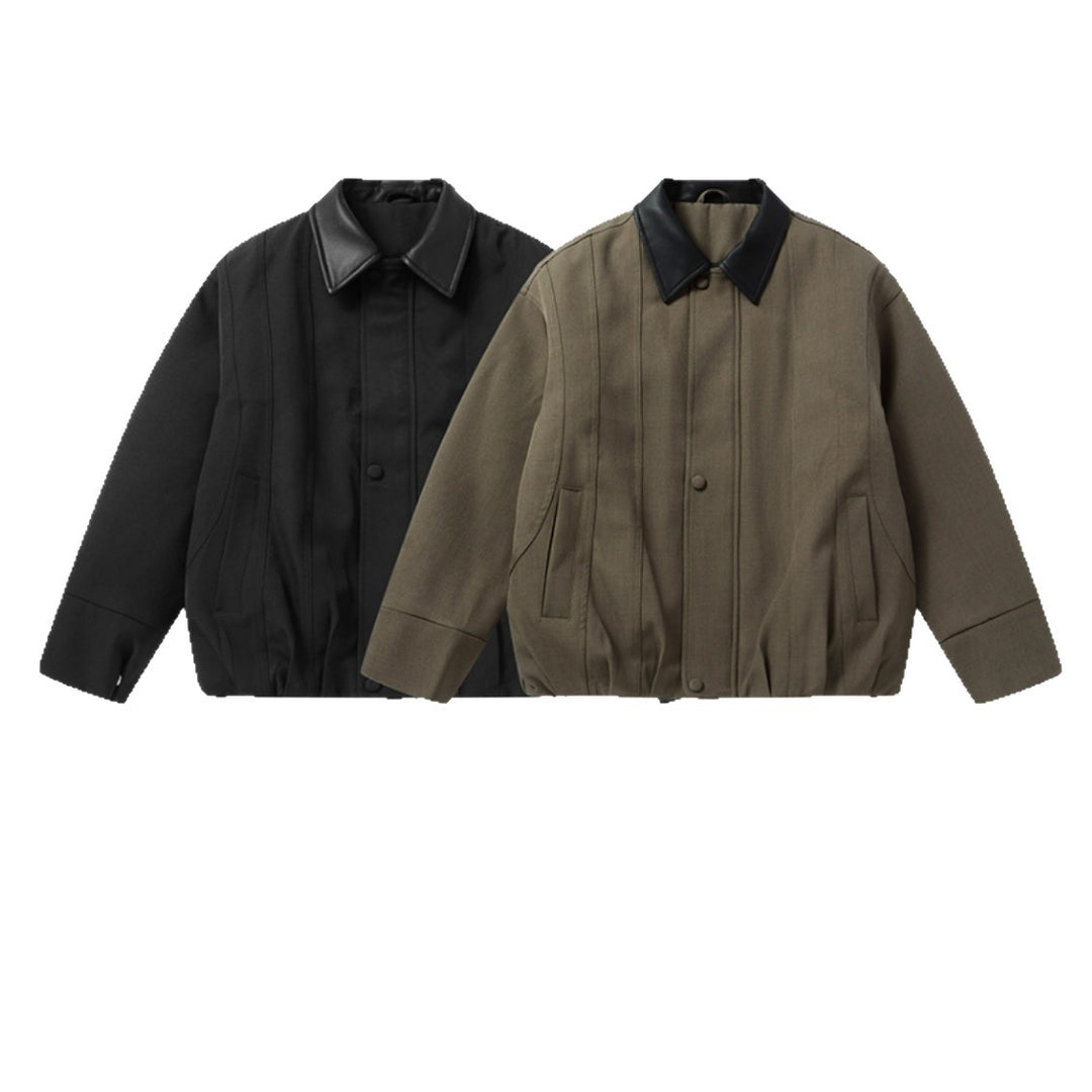 Men's Short Boxy Workwear Blouson with Leather Collar and Vertical Quilting Mune Fashion