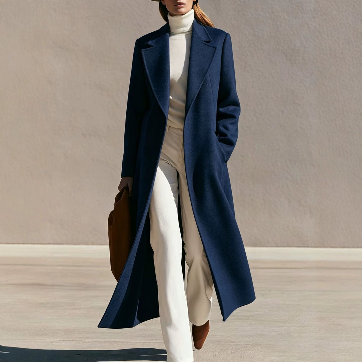 Women Longline Wool Coat with Wide Lapels and Tailored Fit Mune Fashion