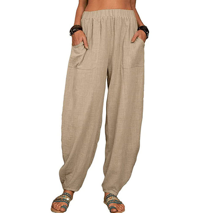 Women's relaxed linen pants with wide leg, elastic waistband and large patch pockets Mune Fashion