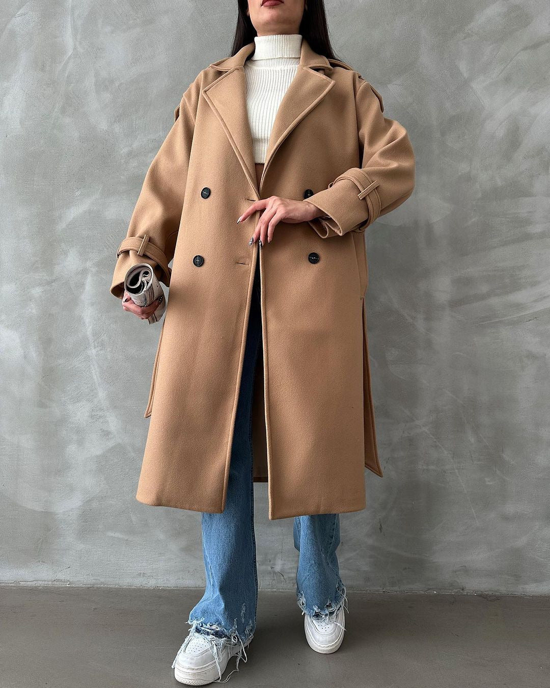Women's Oversized Wool Blend Coat with Double-Breasted Button Placket and Waist Belt Mune Fashion