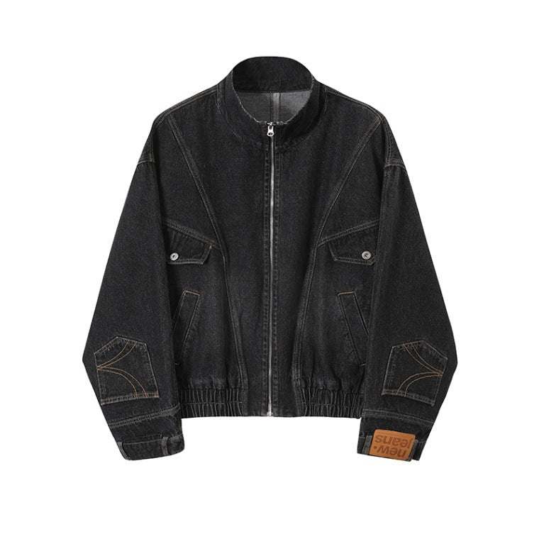 Women Oversized Denim Jacket with Stand-up Collar, Zipper and Elastic Hem Mune Fashion