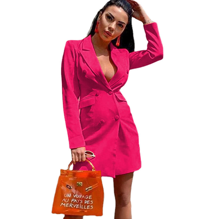 Women's Fitted Blazer Dress in Double-Breasted Style with Notched Collar and Flap Pockets