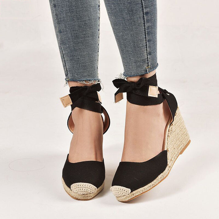 Women nan Textil-espadrille with jute wedge, bow strap ankle strap and crocheted toe cap Mune Fashion