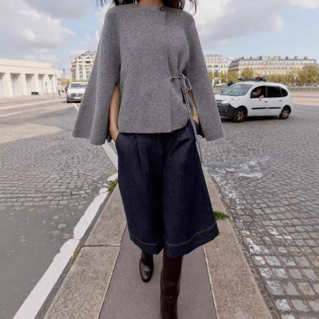 Women's Short Wool Blend Cape with Round Neck, Drawstring Waist and Bell Sleeves Mune Fashion