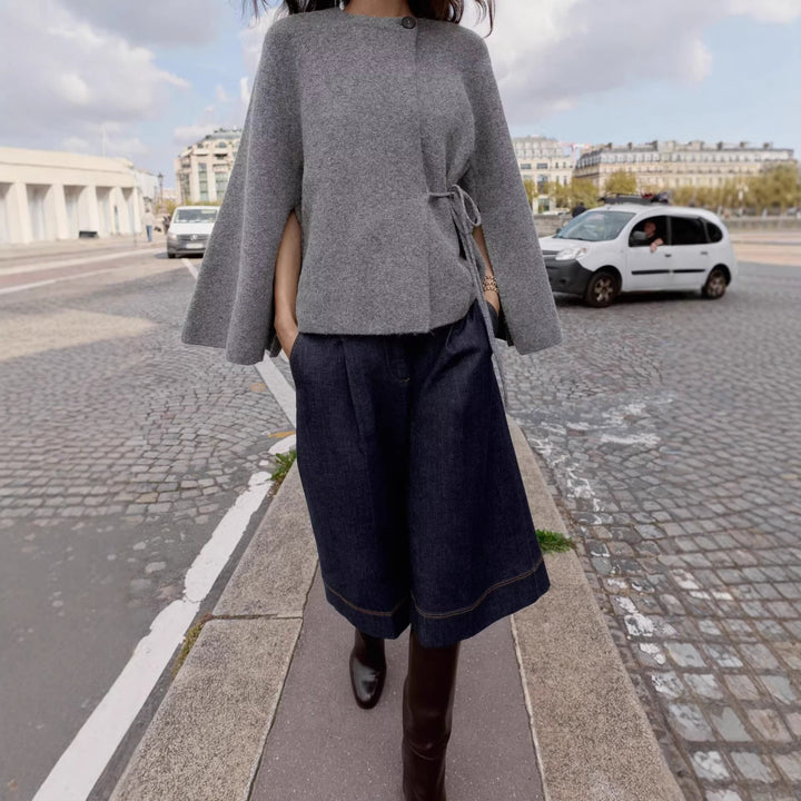 Women's Short Wool Blend Cape with Round Neck, Drawstring Waist and Bell Sleeves Mune Fashion