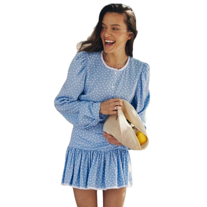 Women's Playful Polka Dot Two-Piece with Ruffled Mini Skirt and Puff Sleeves Mune Fashion