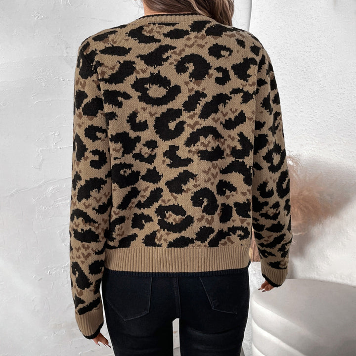 Women's leopard pattern knitted cardigan with tie bows and ribbed cuffs Mune Fashion