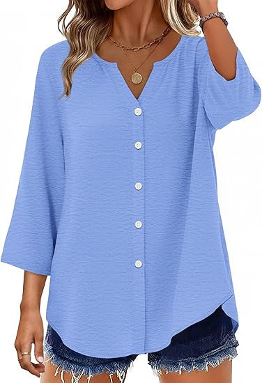 Ladies Light V-Neck Blouse Jacket with 3/4 Sleeves, Curved Hem and Continuous Button Placket Mune Fashion
