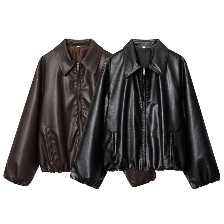 Women's short-cut oversized blouse jacket made of vegan leather with shirt collar and elastic hem Mune Fashion
