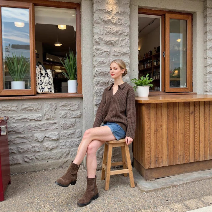 Women's Oversized Chunky Knit Set with Polo Collar and Midi Skirt Mune Fashion
