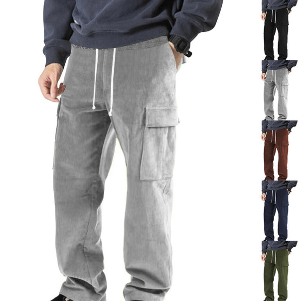 Men's ribbed comfortable cargo pants with elastic drawstring waistband and low-set flap pockets Mune Fashion