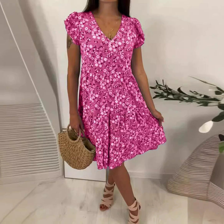 Women’s V-neck dress with gathered waist seam, short flounce sleeves, and tiered skirt Mune Fashion