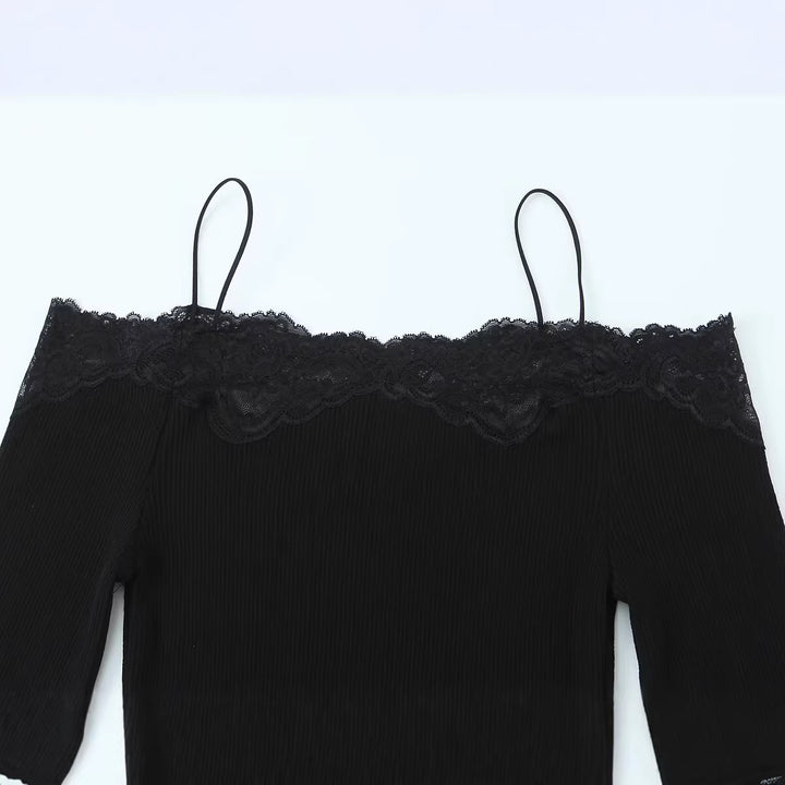 Women's fine-knit top with carmen neckline, spaghetti straps, and lace edge Mune Fashion