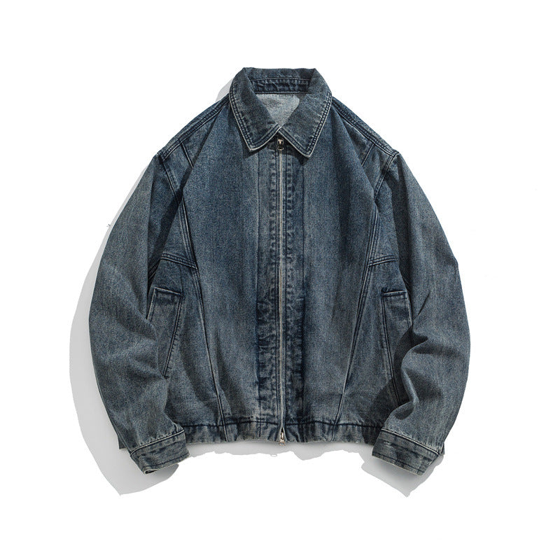 Unisex Short Cut Denim Worker Jacket with Continuous Zipper and Boxy Silhouette Mune Fashion
