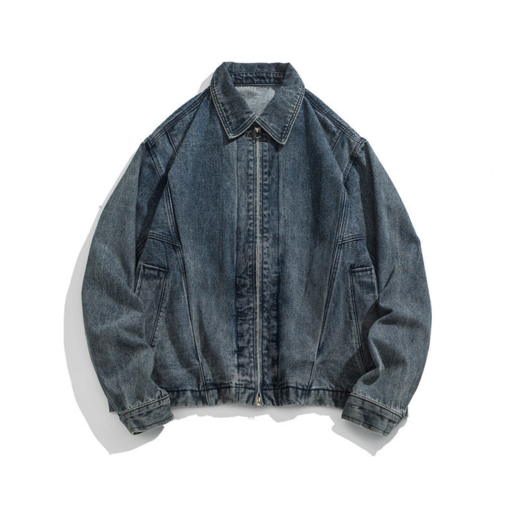 Unisex Short Cut Denim Worker Jacket with Continuous Zipper and Boxy Silhouette Mune Fashion