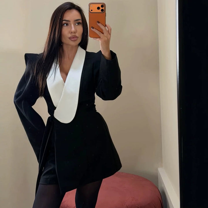 Women Tailored Blazer Dress with Contrasting Shawl Collar and Structured Shoulders Mune Fashion
