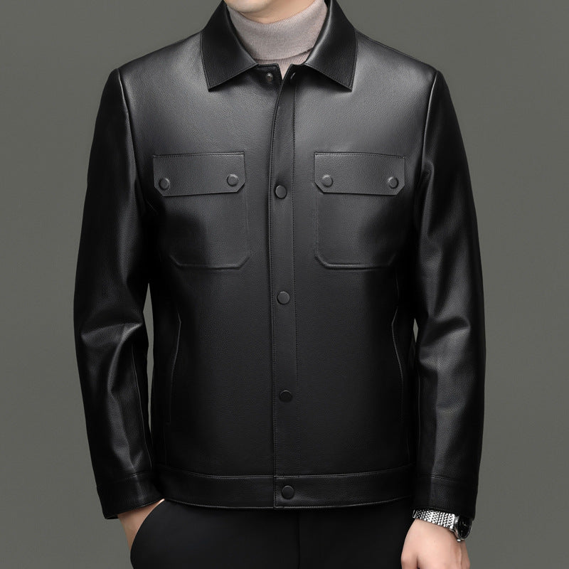 Men's leather jacket in shirt style with snap button closure and patched chest pockets Mune Fashion