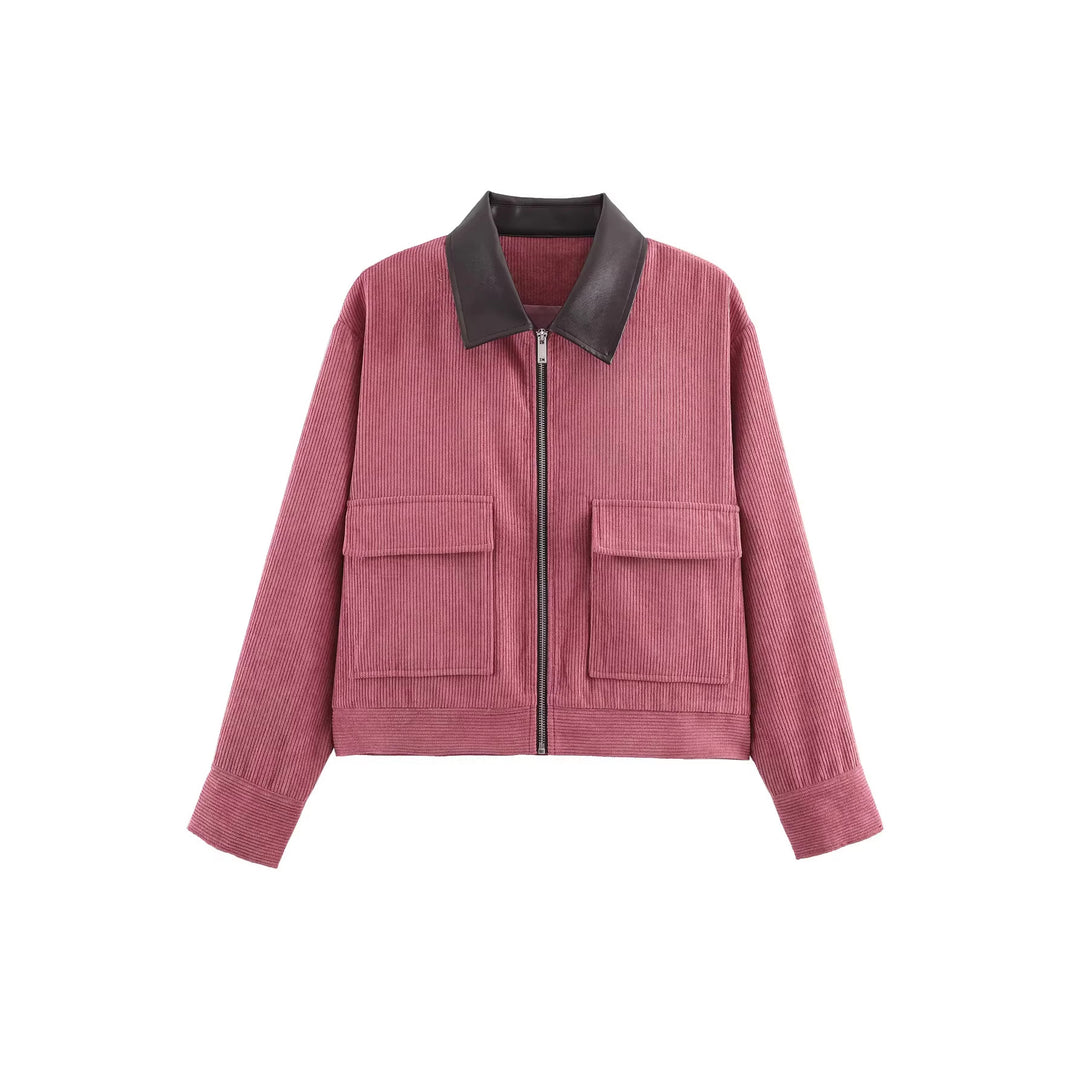 Women's cord jacket with leather collar, full-length zipper and flap pockets Mune Fashion
