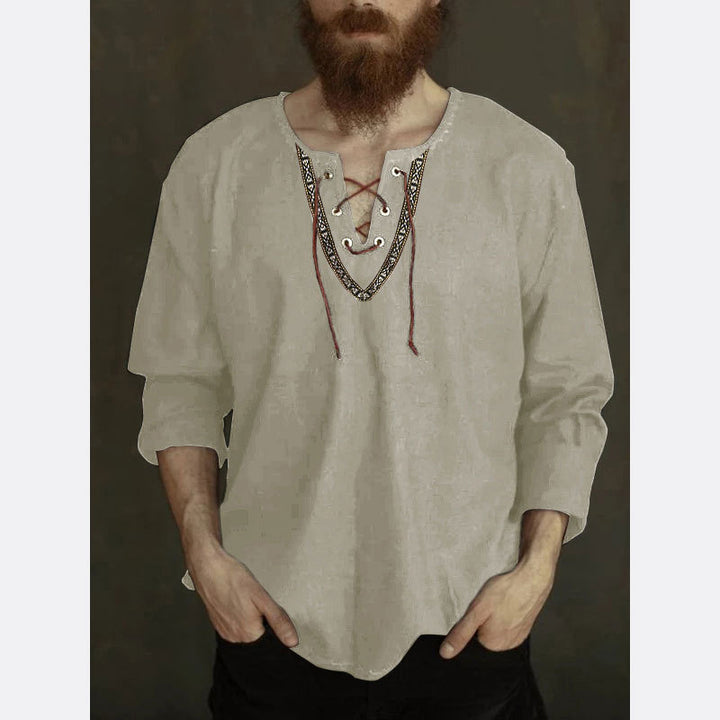 Men's linen tunic shirt with lacing and ethnic border Mune Fashion