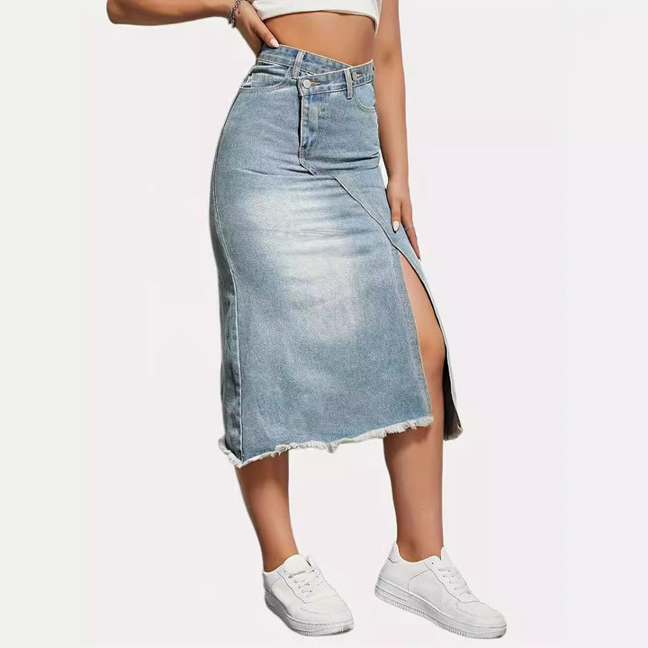 Women's asymmetrical high-waisted denim midi skirt with front slit and frayed hem Mune Fashion
