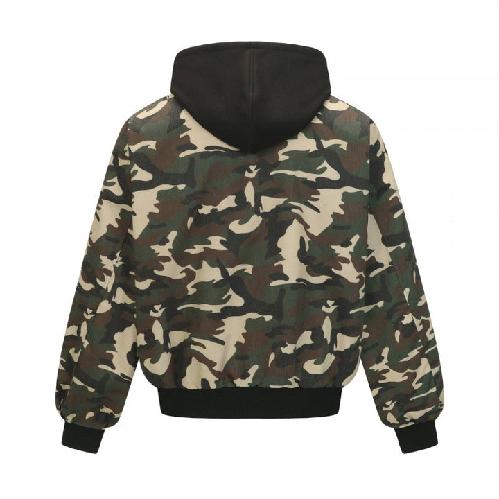 Unisex short-cut camouflage hoodie bomber jacket with padded lining and elastic cuffs Mune Fashion