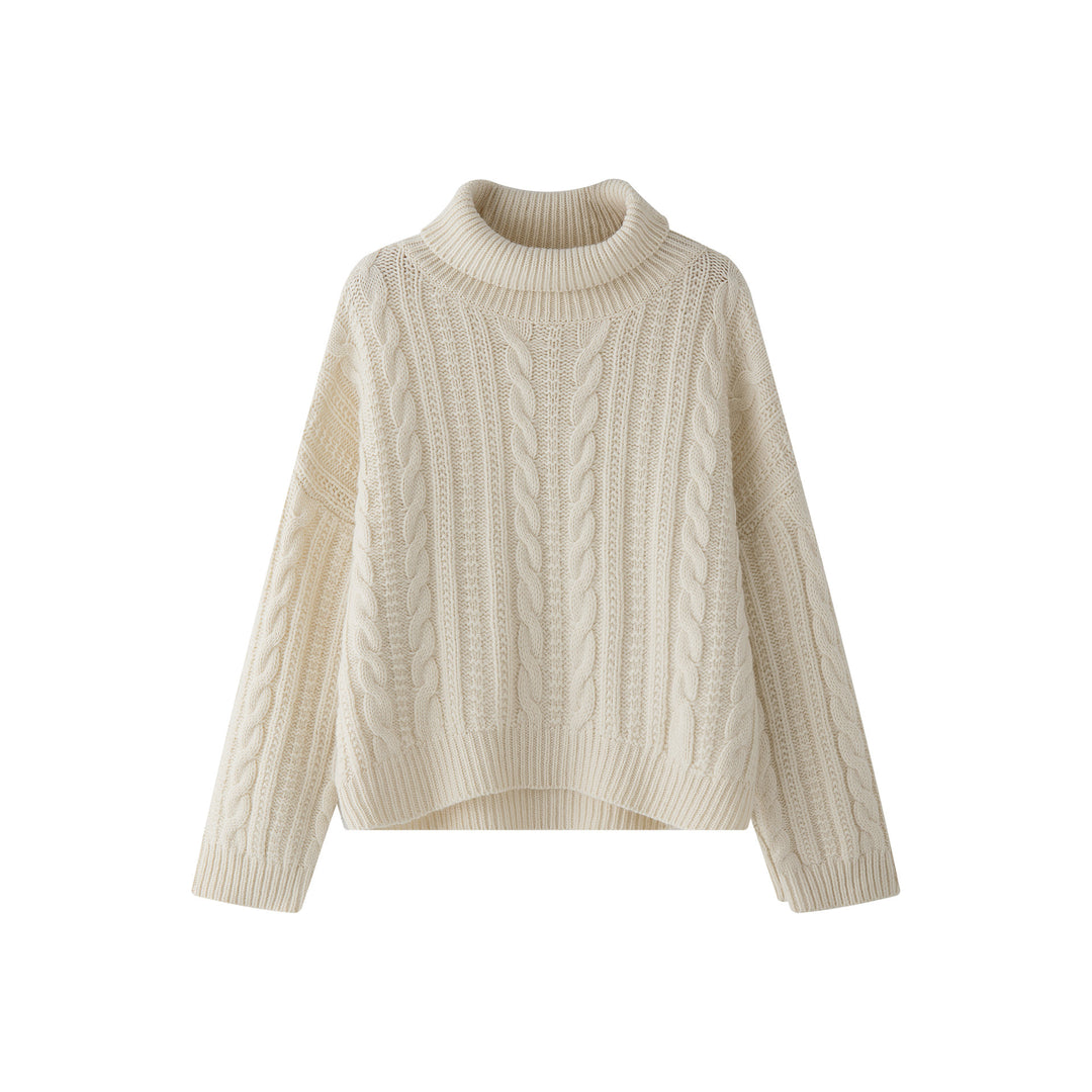 Women Chunky Knit Turtleneck Sweater with Cable Pattern and Relaxed Fit Mune Fashion