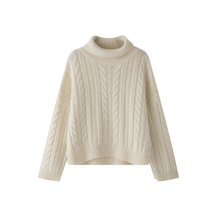 Women Chunky Knit Turtleneck Sweater with Cable Pattern and Relaxed Fit Mune Fashion