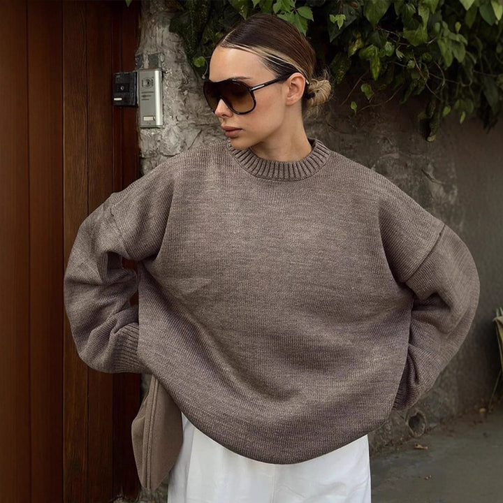 Women's Oversized Fine Knit Sweater with Round Neck & Extended Cuffs Mune Fashion