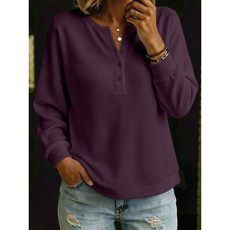 Women's Waffle Knit Henley Sweater with Oversized Cut Mune Fashion