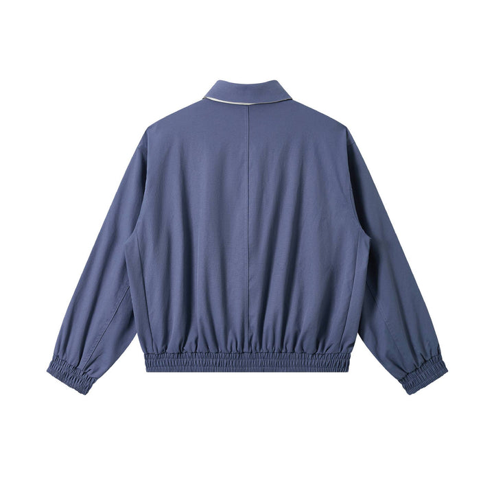 Men's short cut boxy blouson with high stand-up collar, elastic hem and zipper front.